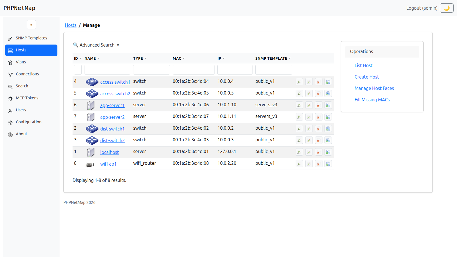 Hosts admin grid with a collapsible advanced search and sortable uppercase column headers