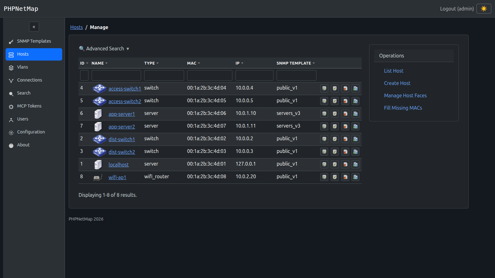 The same hosts admin grid in dark mode
