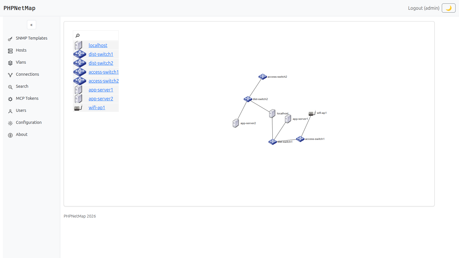 PHPNetMap network map showing switches, servers and an access point automatically discovered and connected