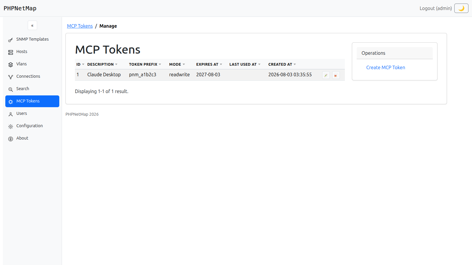 MCP Tokens admin page showing a Claude Desktop token in read-write mode